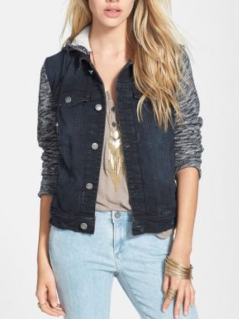 Free People Distressed Black Denim Jacket Knit Sleeves Size M